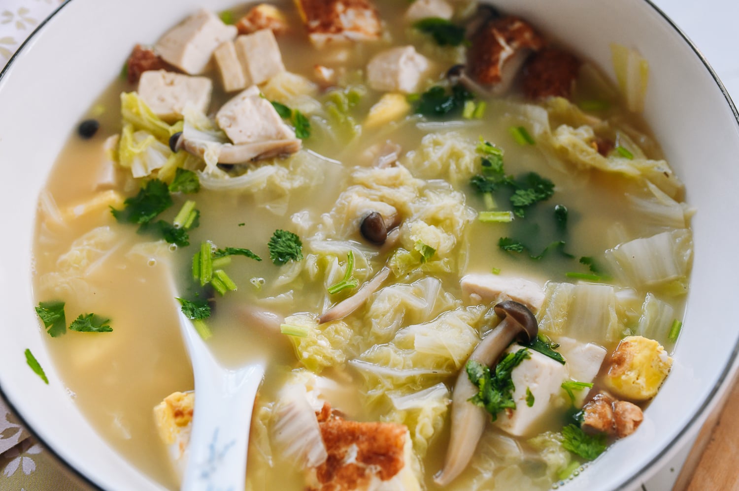 Tofu Soup with napa cabbage, mushrooms, and eggs