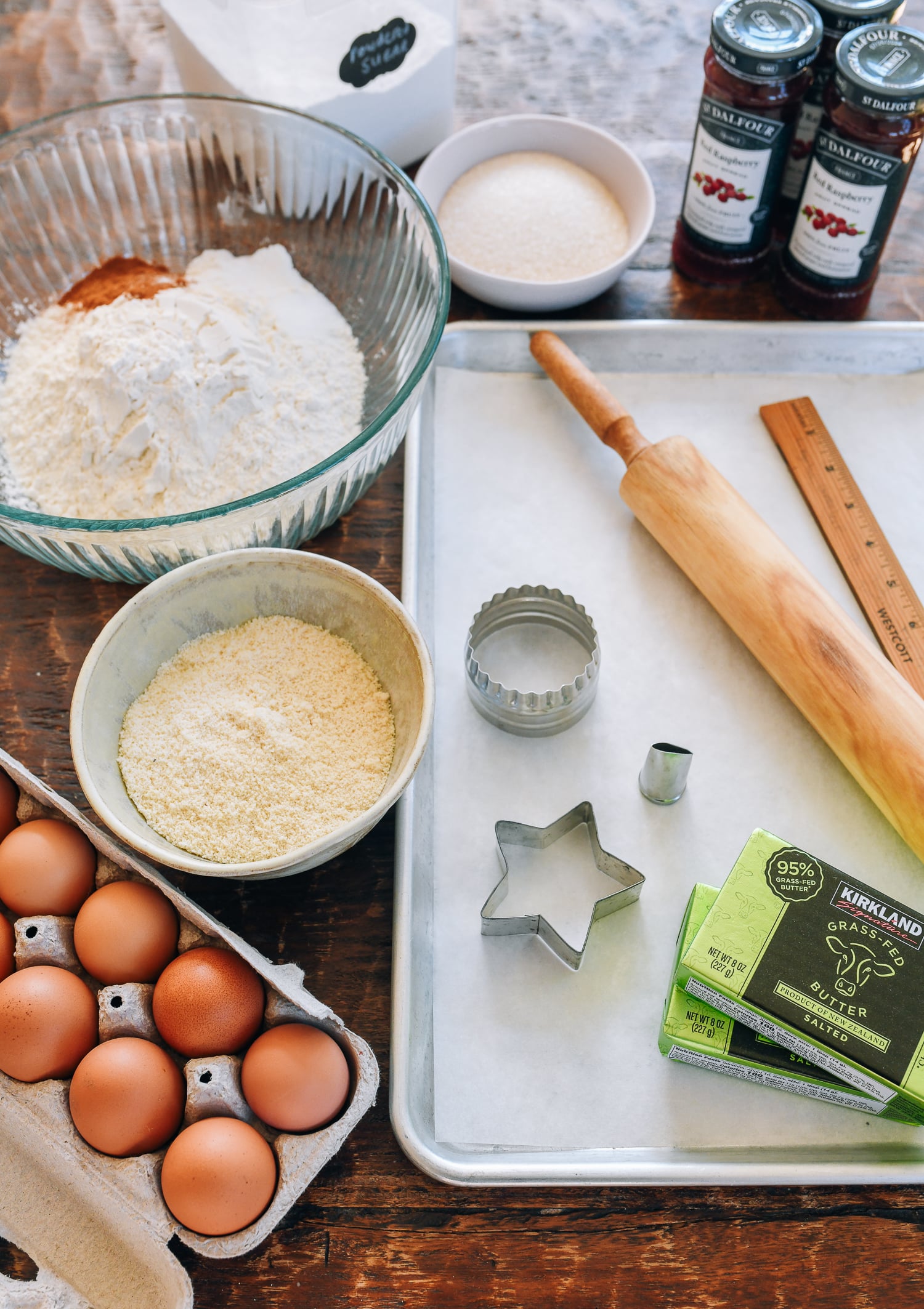 ingredients and equipment to make linzer cookies