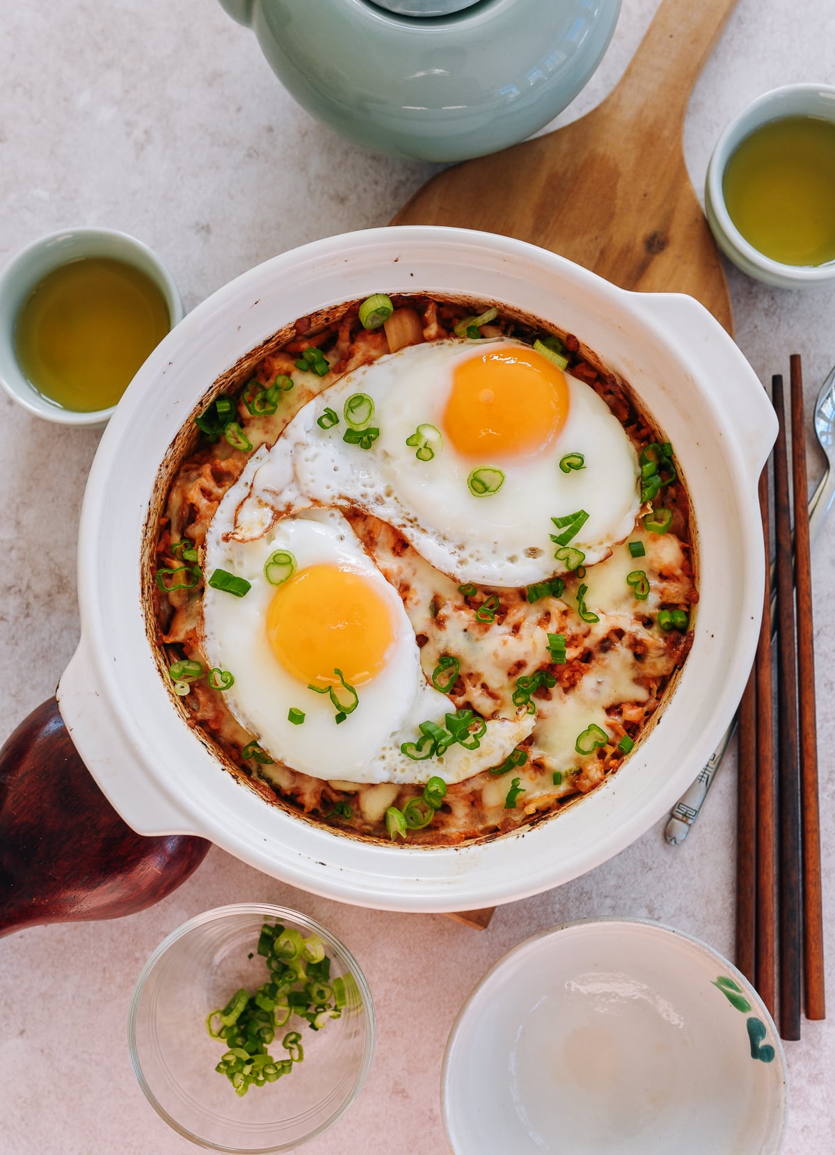 kimchi rice bake with cheese and fried eggs