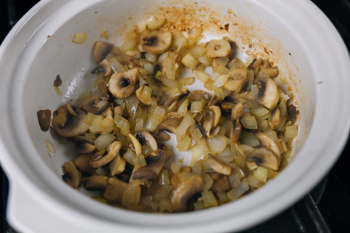 mushrooms and onions in pot