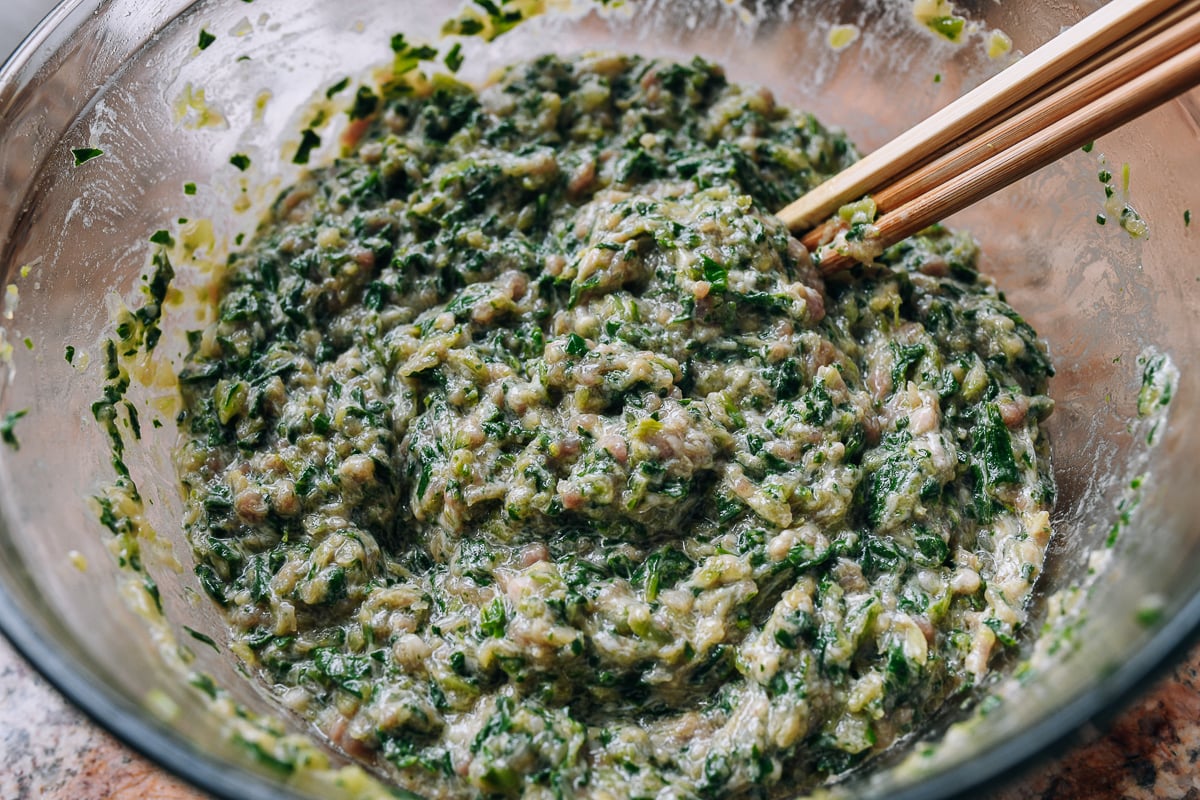 mixing dumpling filling