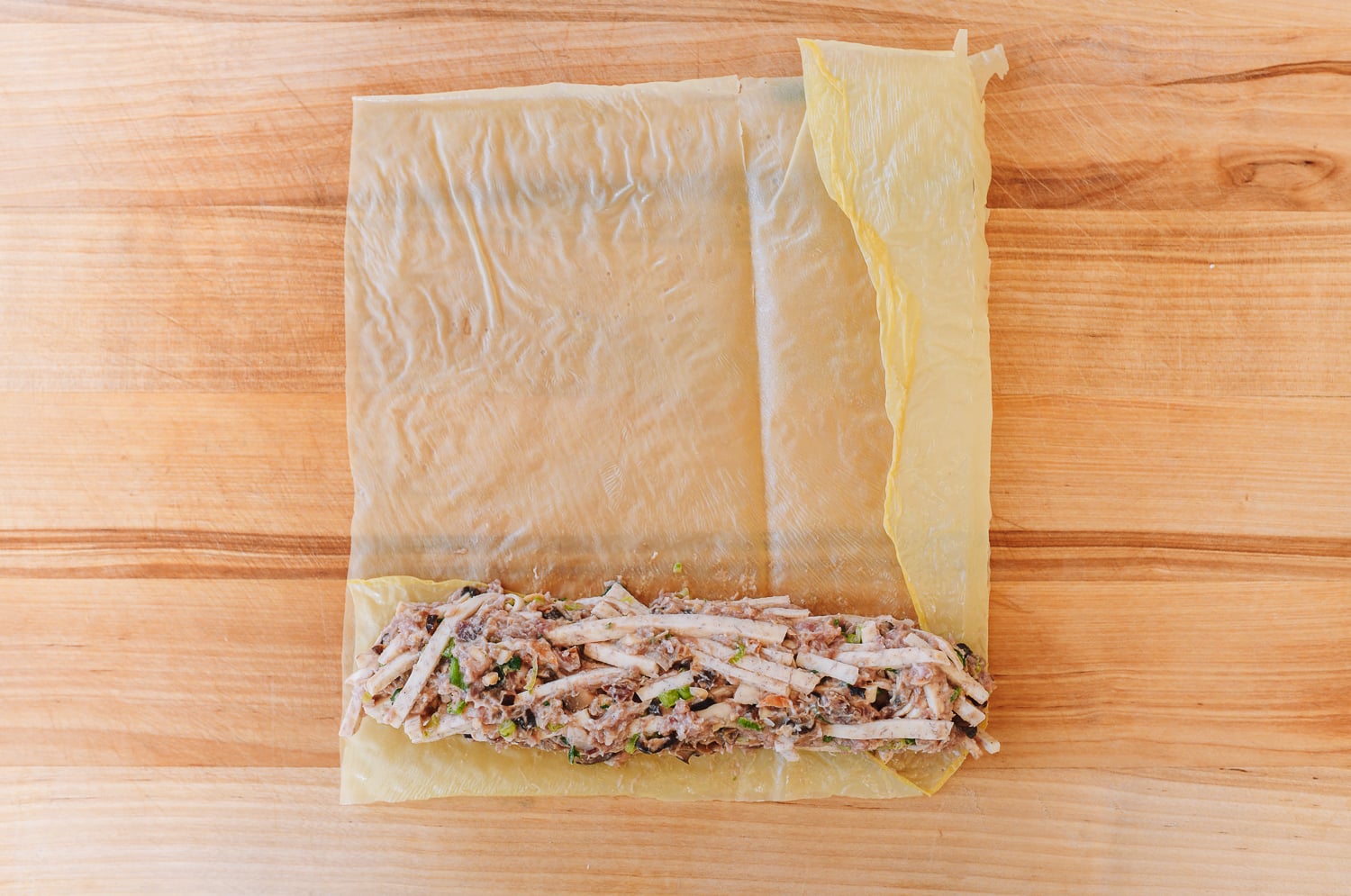 taro roll filling on top of bean curd sheet