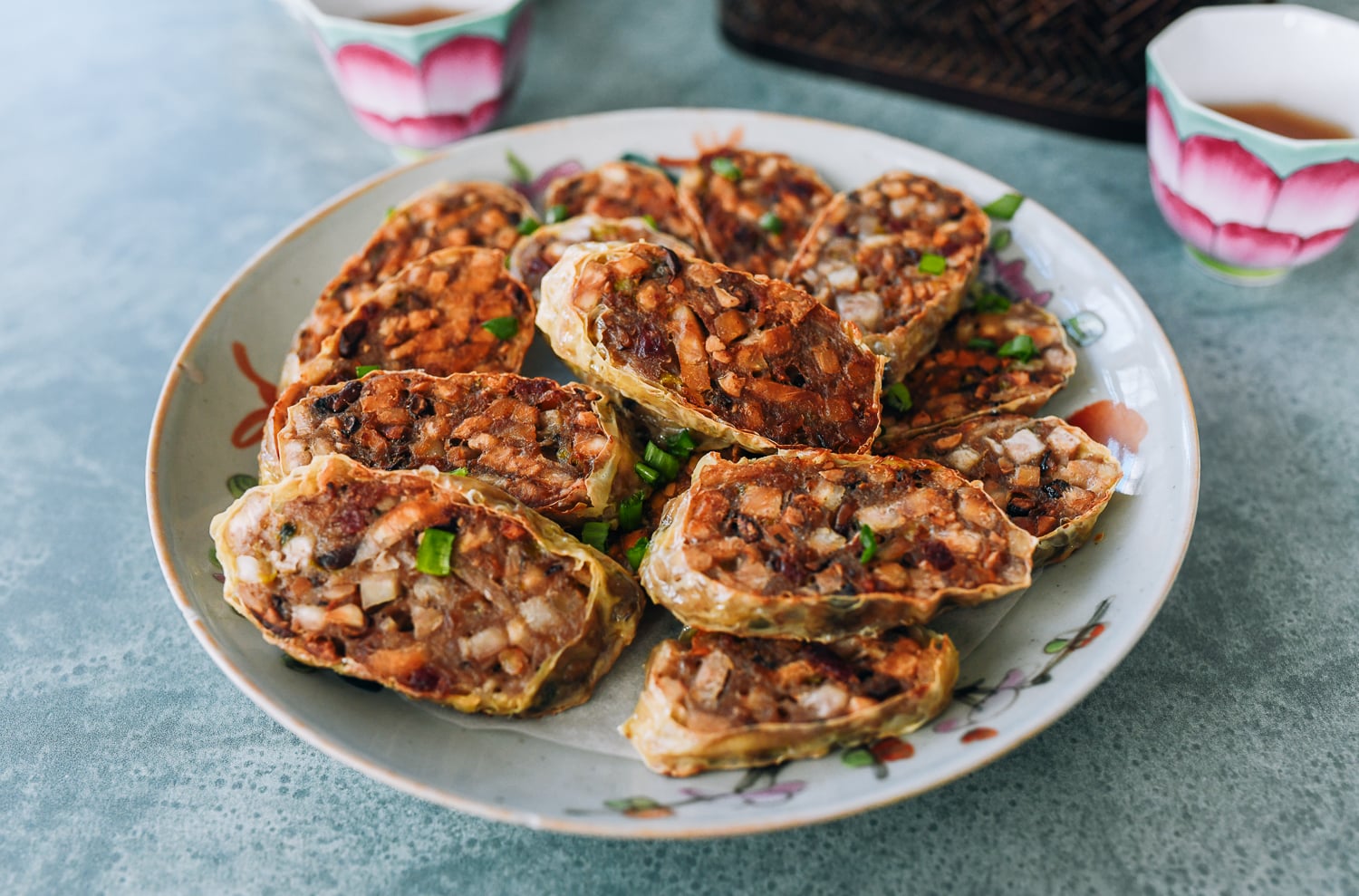 Plate of pan-fried taro roll slices