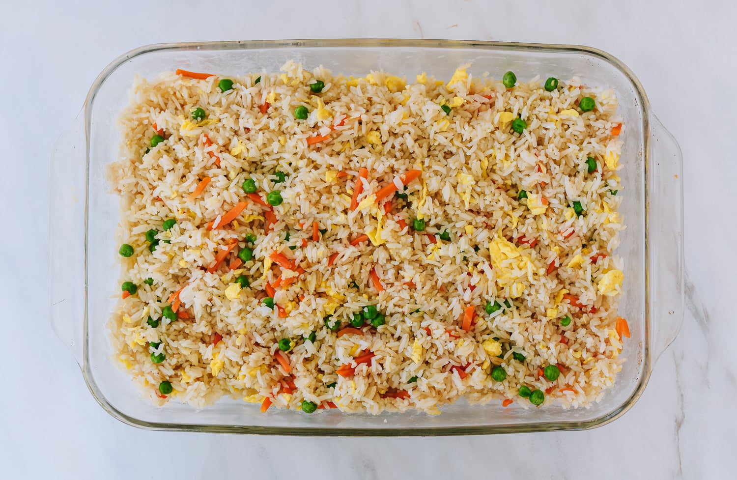 egg fried rice spread into 9x13 inch baking dish