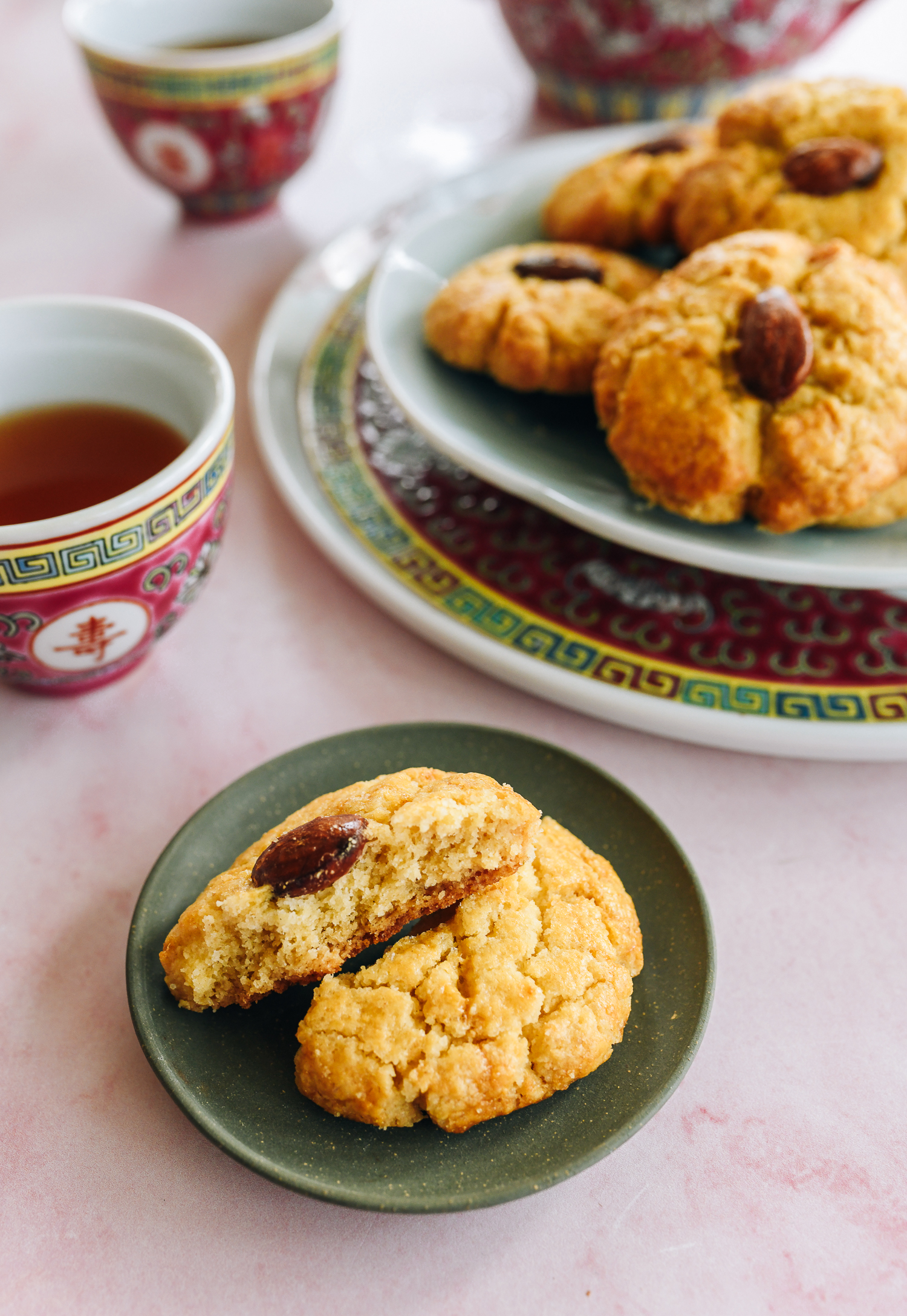 Chinese almond cookie broken in half to see cross-section