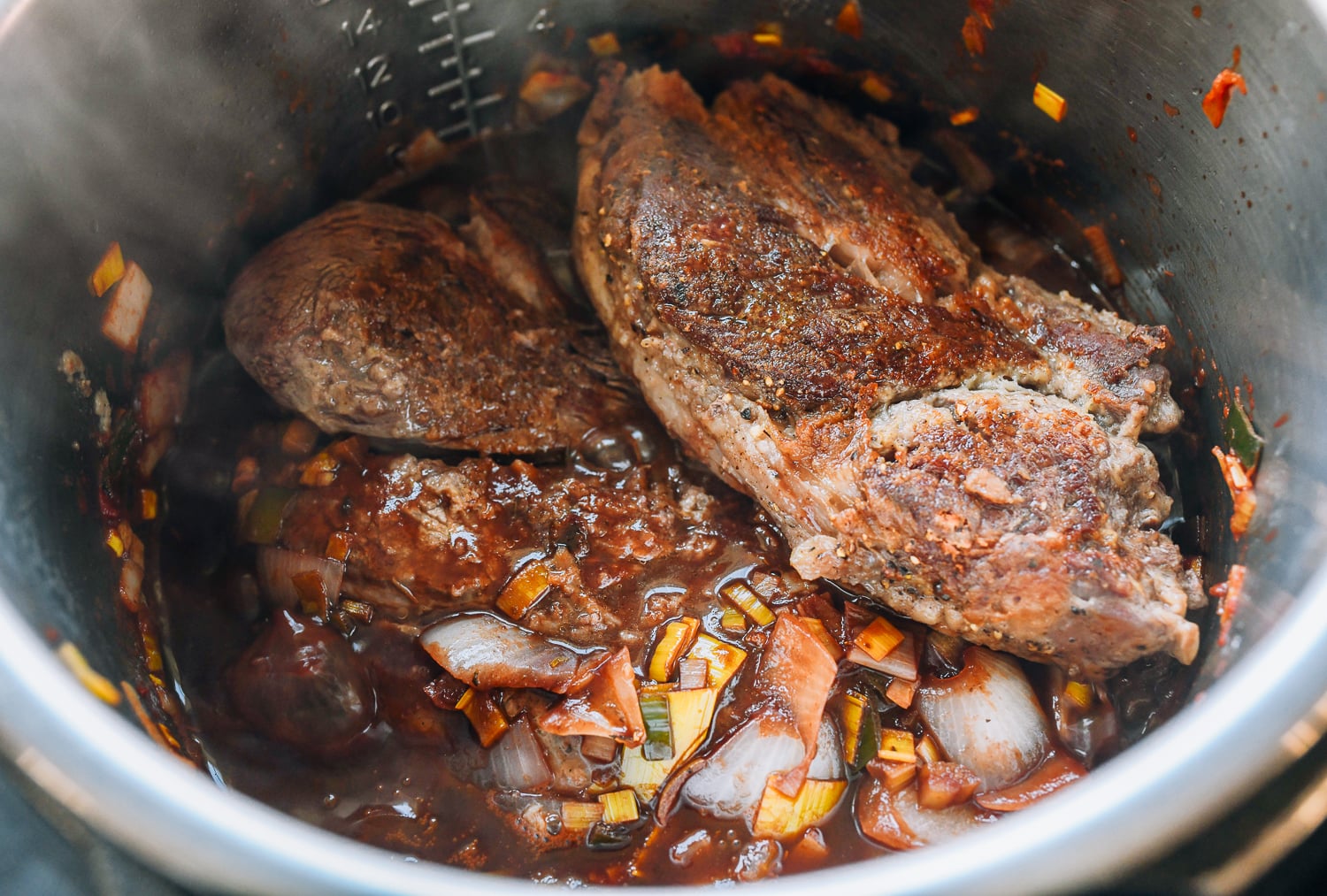 seared beef chuck added back to instant pot with vegetables