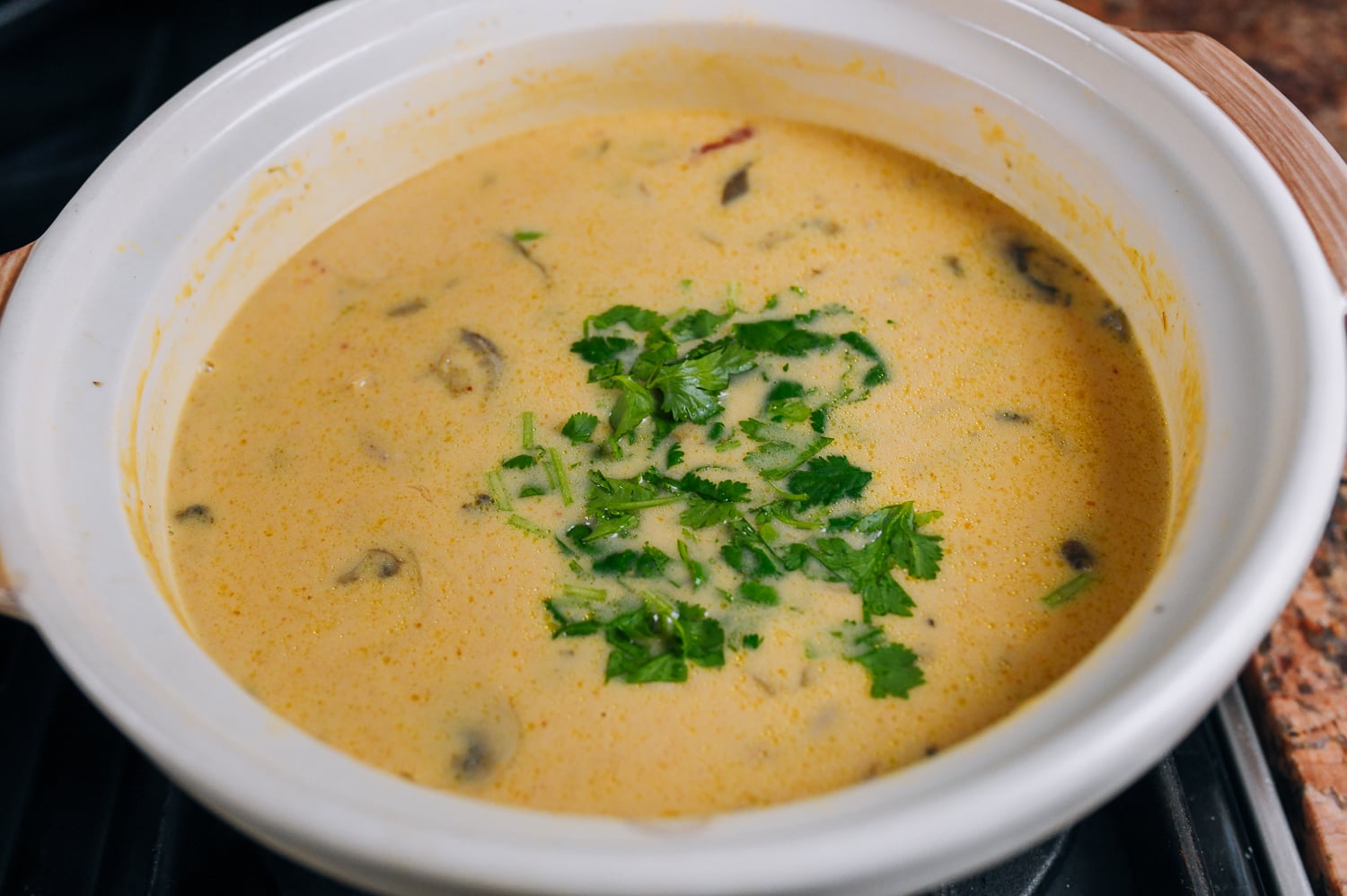 coarsely chopped cilantro added to Thai coconut soup