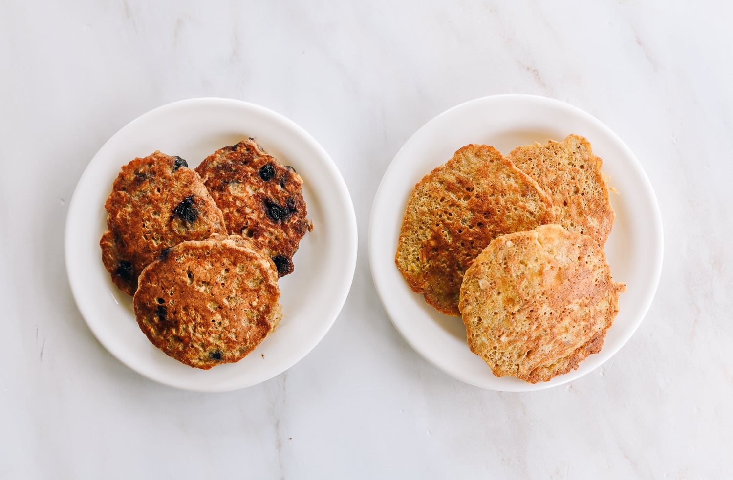 banana oat blueberry pancakes and banana oat pancakes side by side