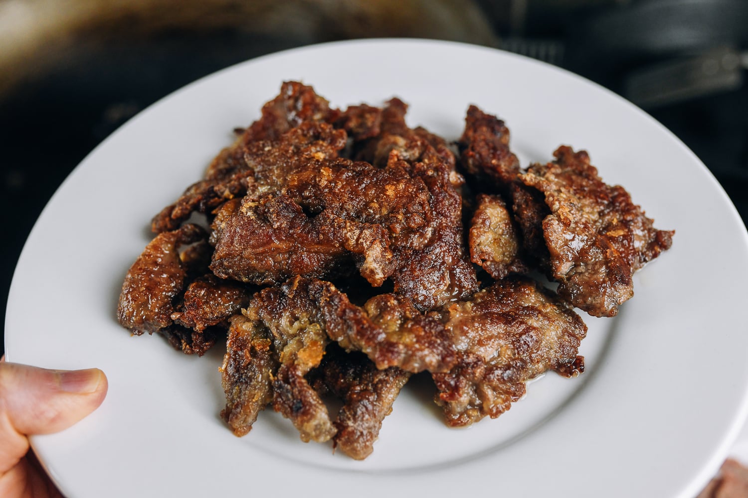 crispy beef slices on white plate