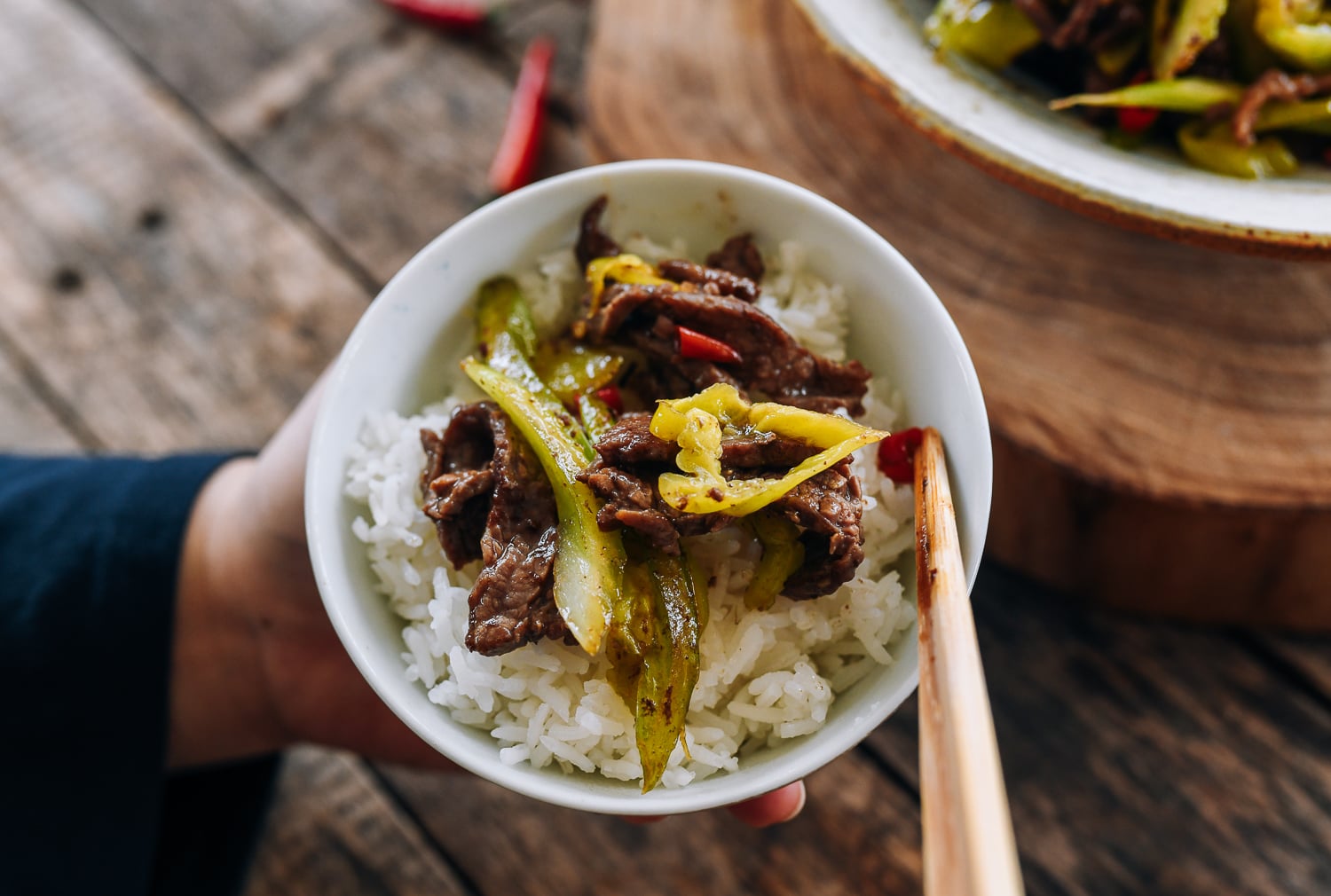 Beef and Pickled Pepper stir-fry scooped onto bowl of rice