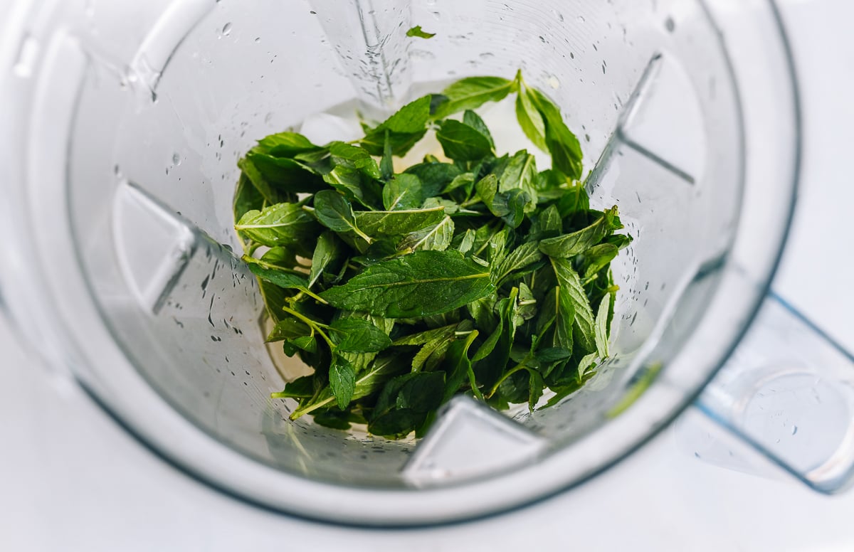 mint and other ingredients in blender