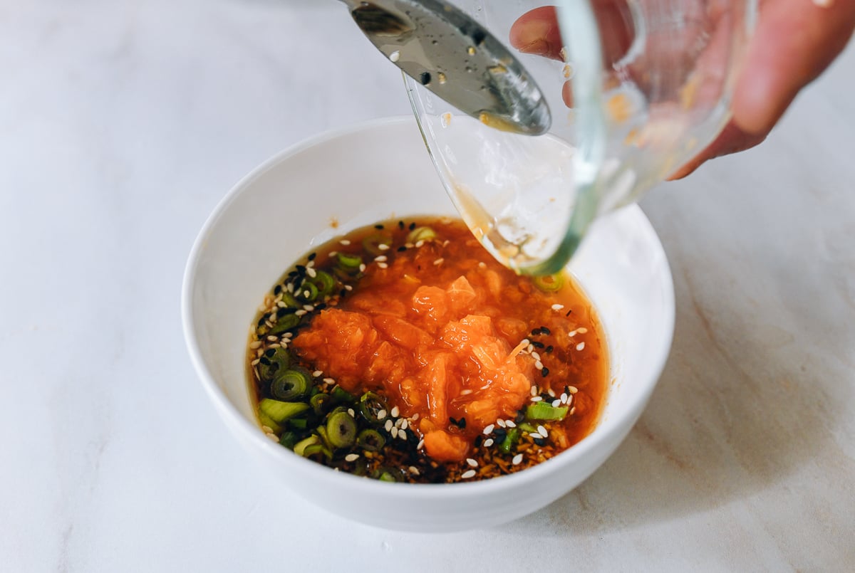 mixing dressing ingredients for seared ahi tuna