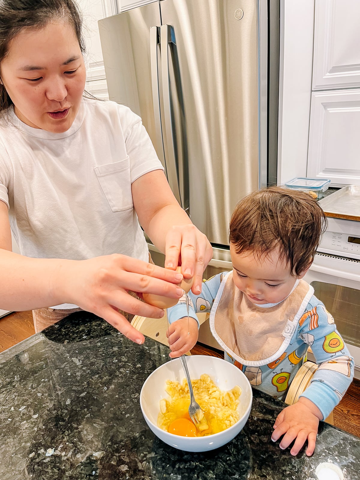 Sarah and Ethan mixing pancake batter