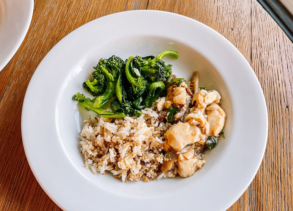 beef tofu stir-fry, broccoli, and quinoa rice