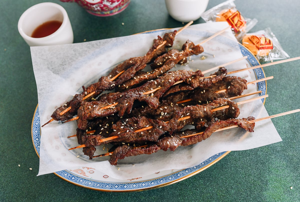 Plate of Chinese beef skewers