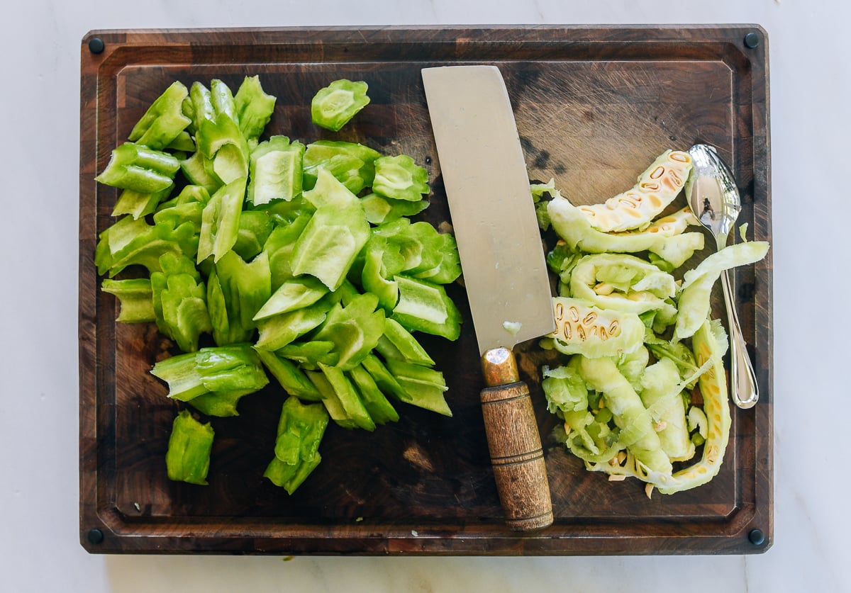 sliced bitter melon on cutting board