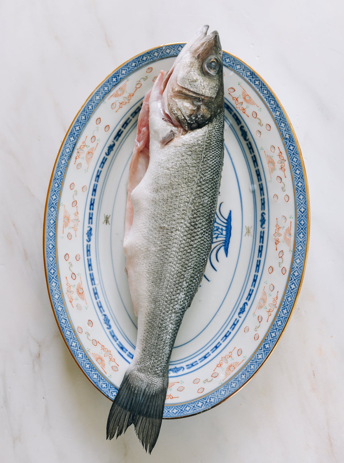 Fresh whole branzino on heatproof Chinese plate for steaming