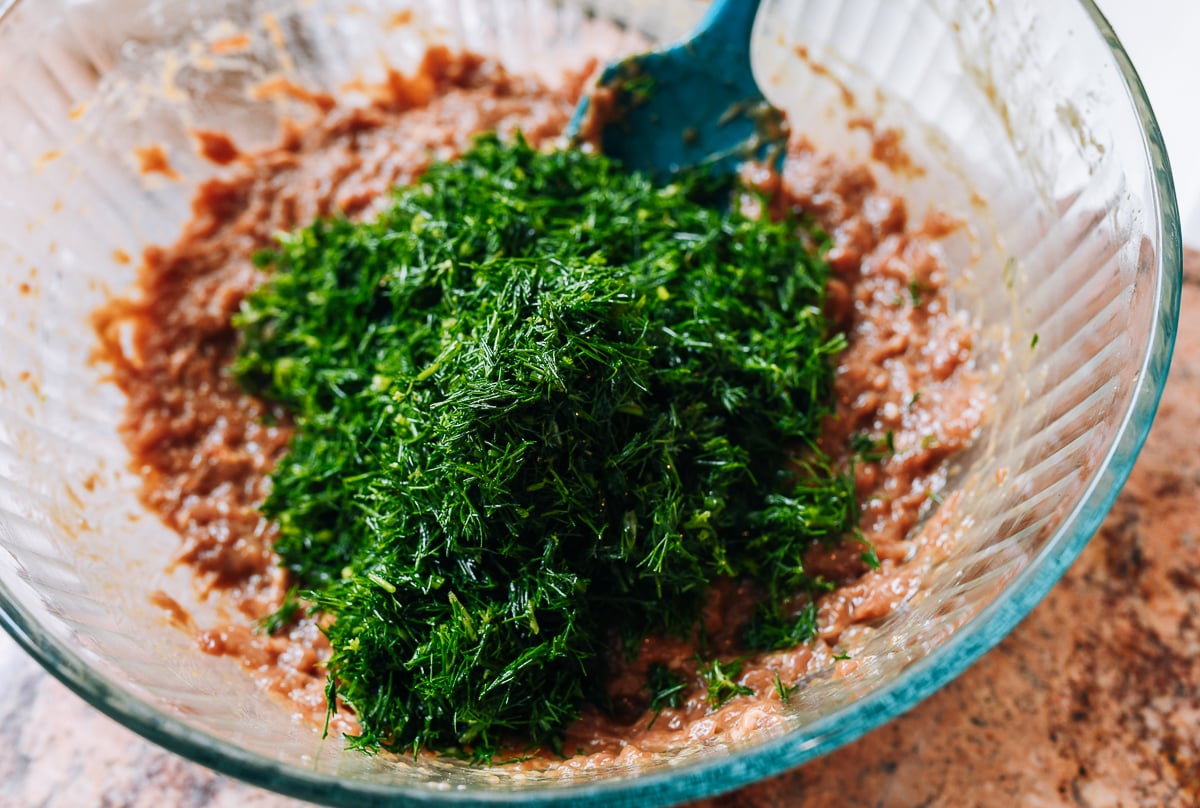dill added to ground pork filling