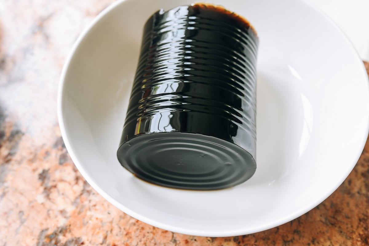 grass jelly in white shallow bowl