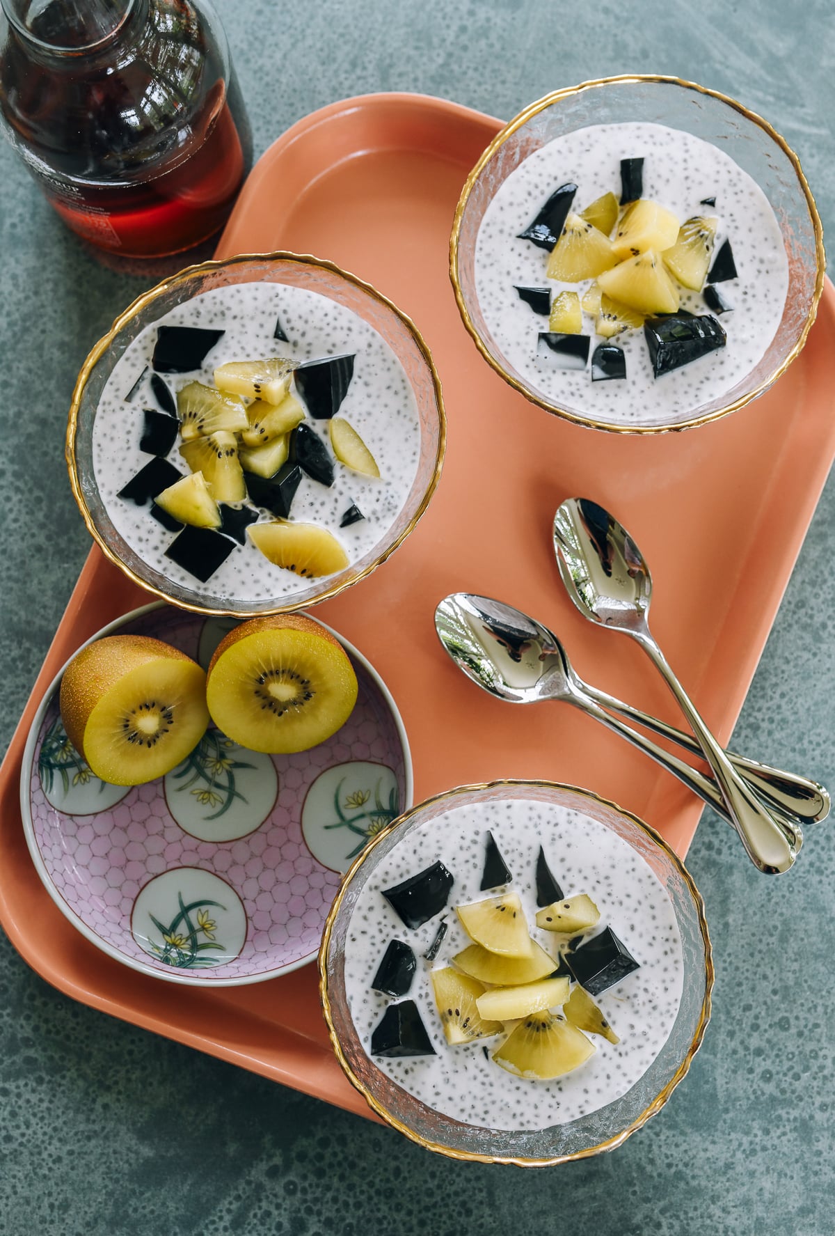 coconut chia pudding with grass jelly
