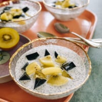Coconut Chia Pudding with Grass Jelly and Fruit