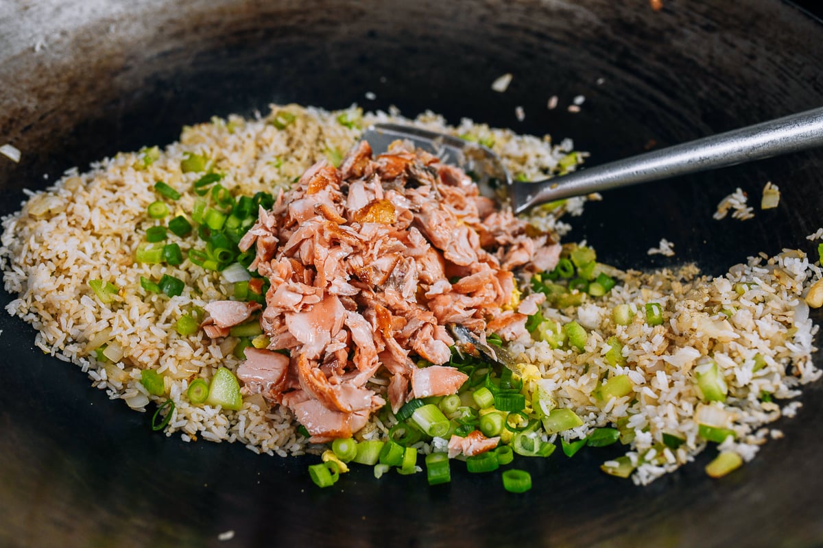 flaked salmon added to fried rice