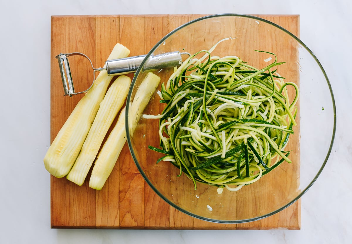 julienned zucchini in a bowl