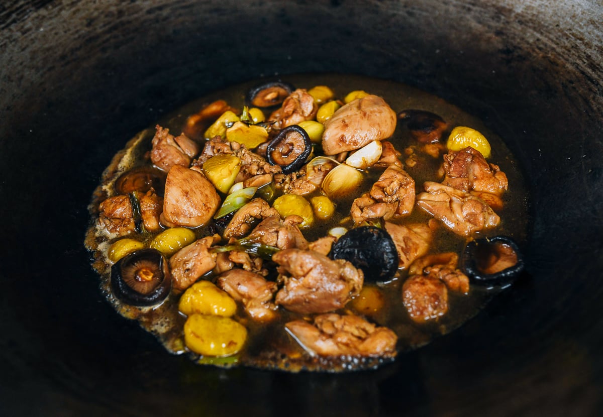 chicken, chestnuts, and shiitake mushrooms in braising liquid