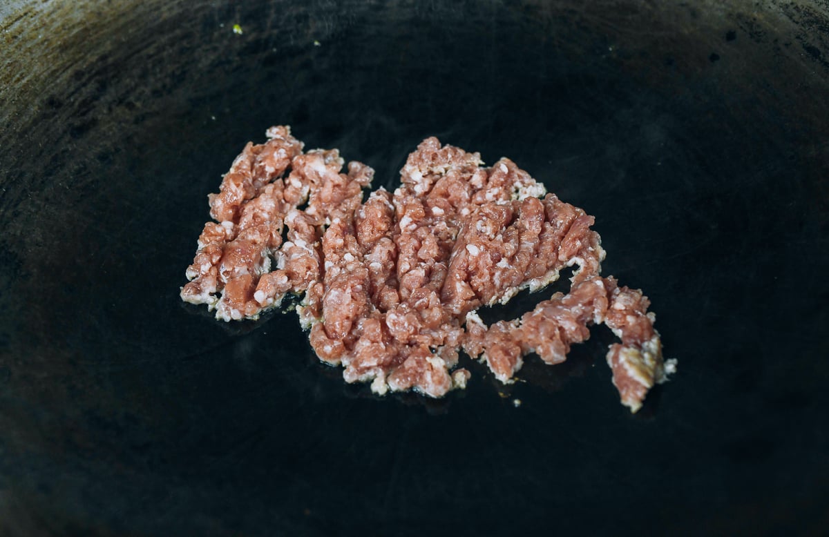 ground pork in wok