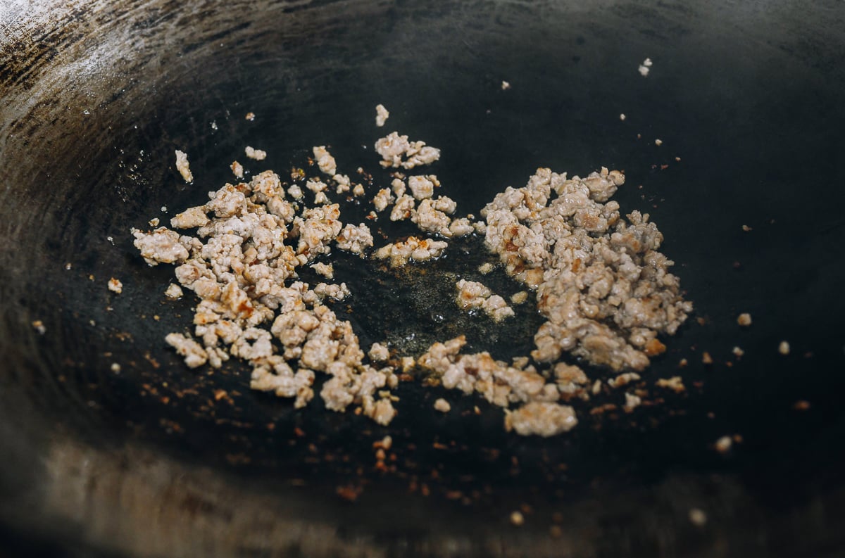 cooked ground pork in wok