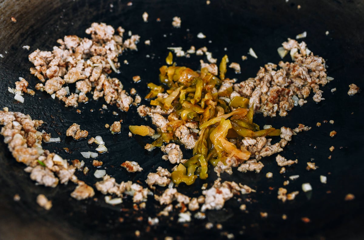 zha cai added to ground pork