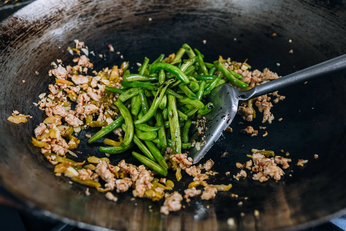 string beans added to ground pork