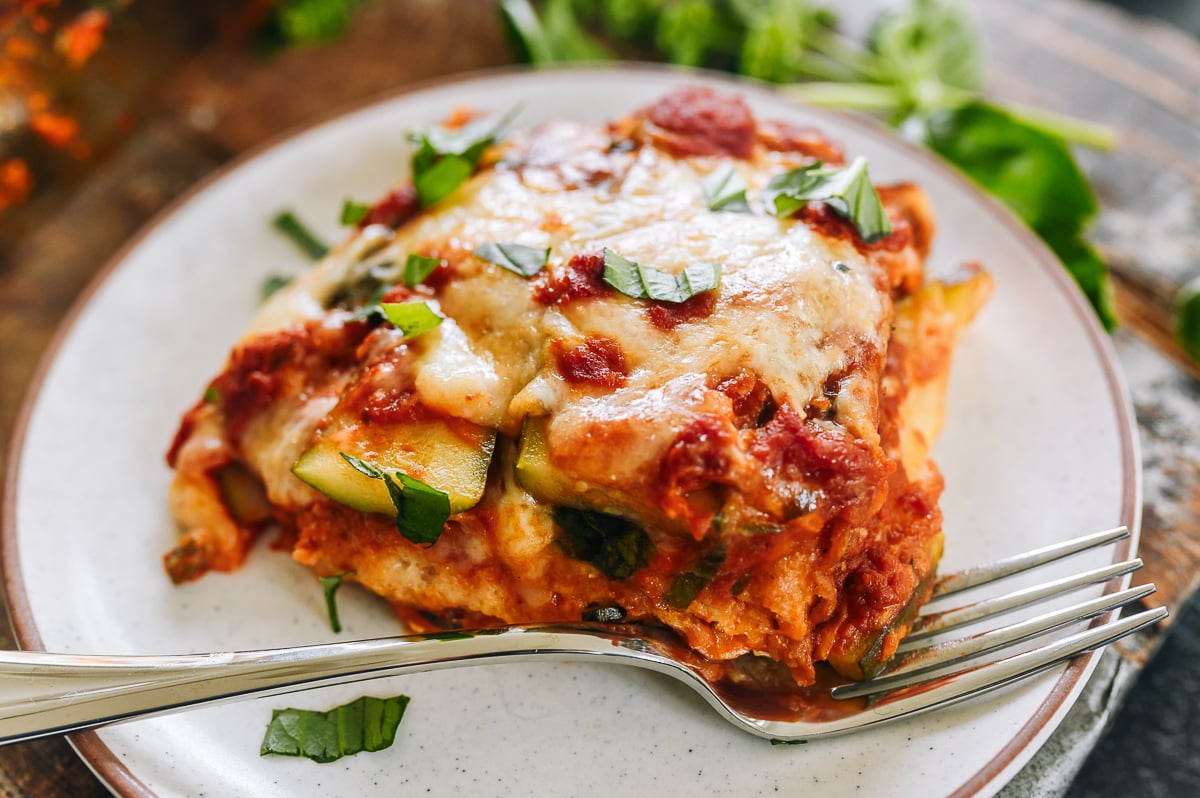 Zucchini bread lasagna piece on plate