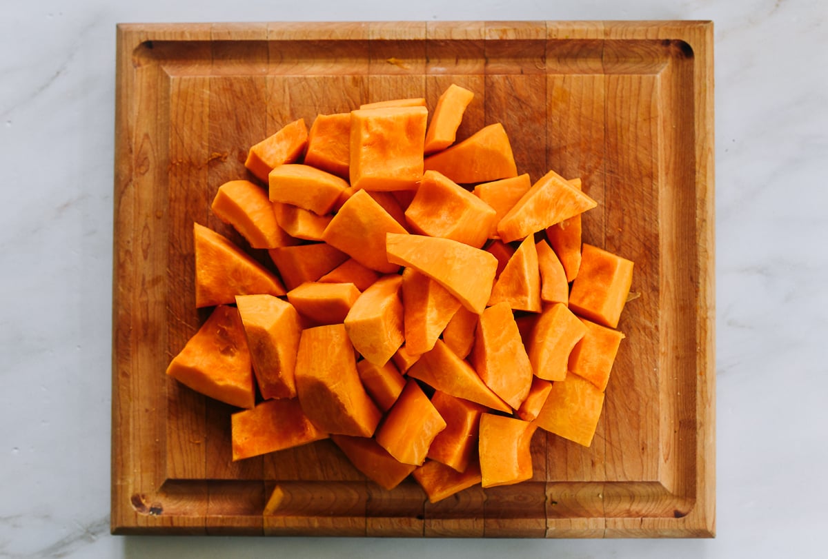 pumpkin chunks on cutting board