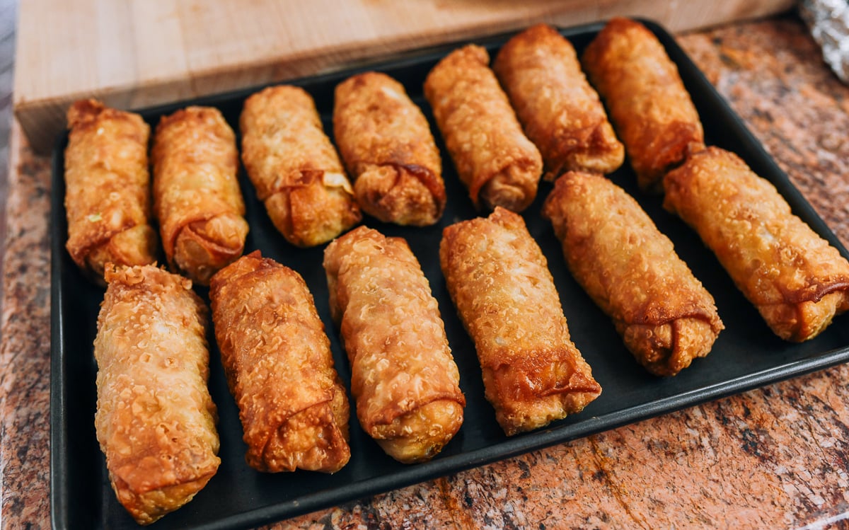 sheet pan of egg rolls