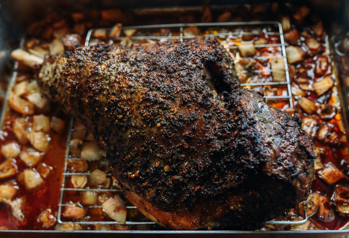 roast leg of lamb in roasting pan