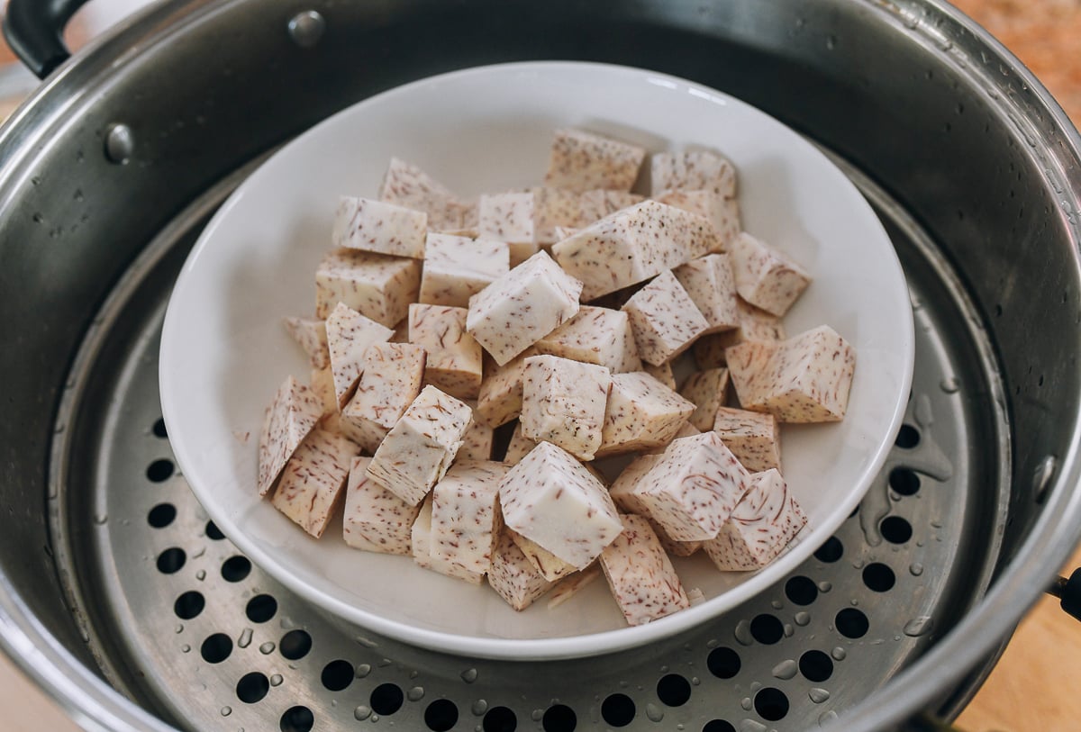 cubed taro in steamer