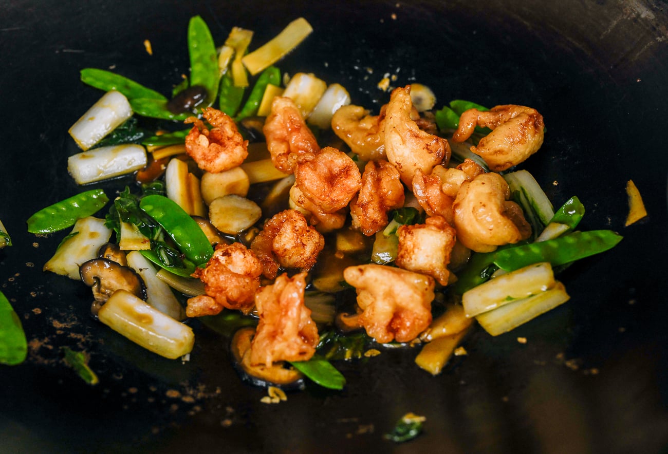 shrimp and vegetables added wok