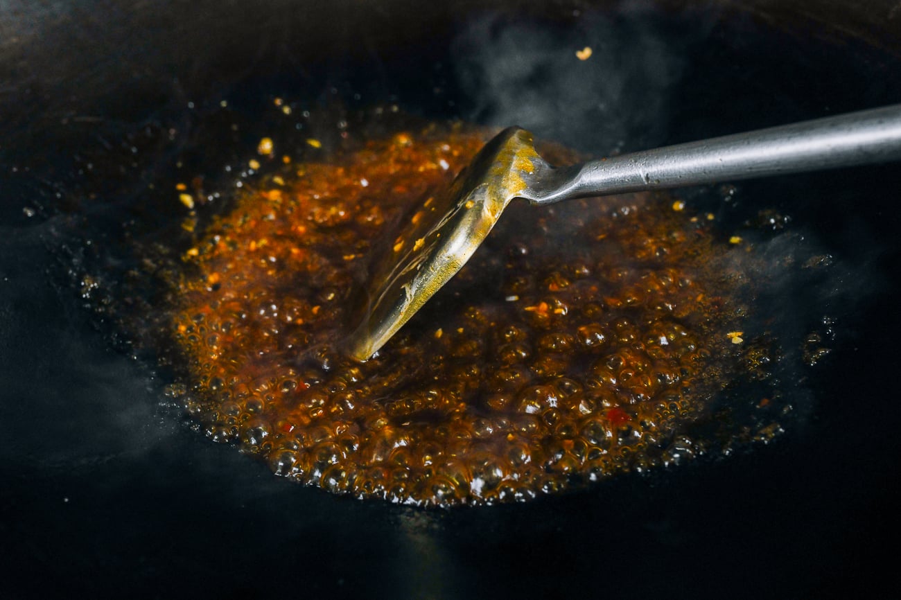 thickened firecracker chicken sauce in wok