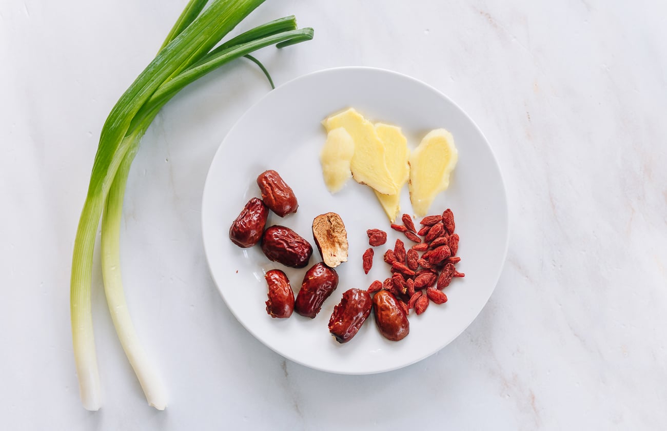 scallions, dried dates, goji berries, and ginger