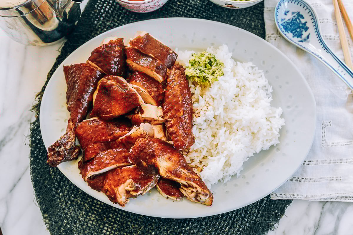 soy sauce chicken plate with ginger scallion sauce